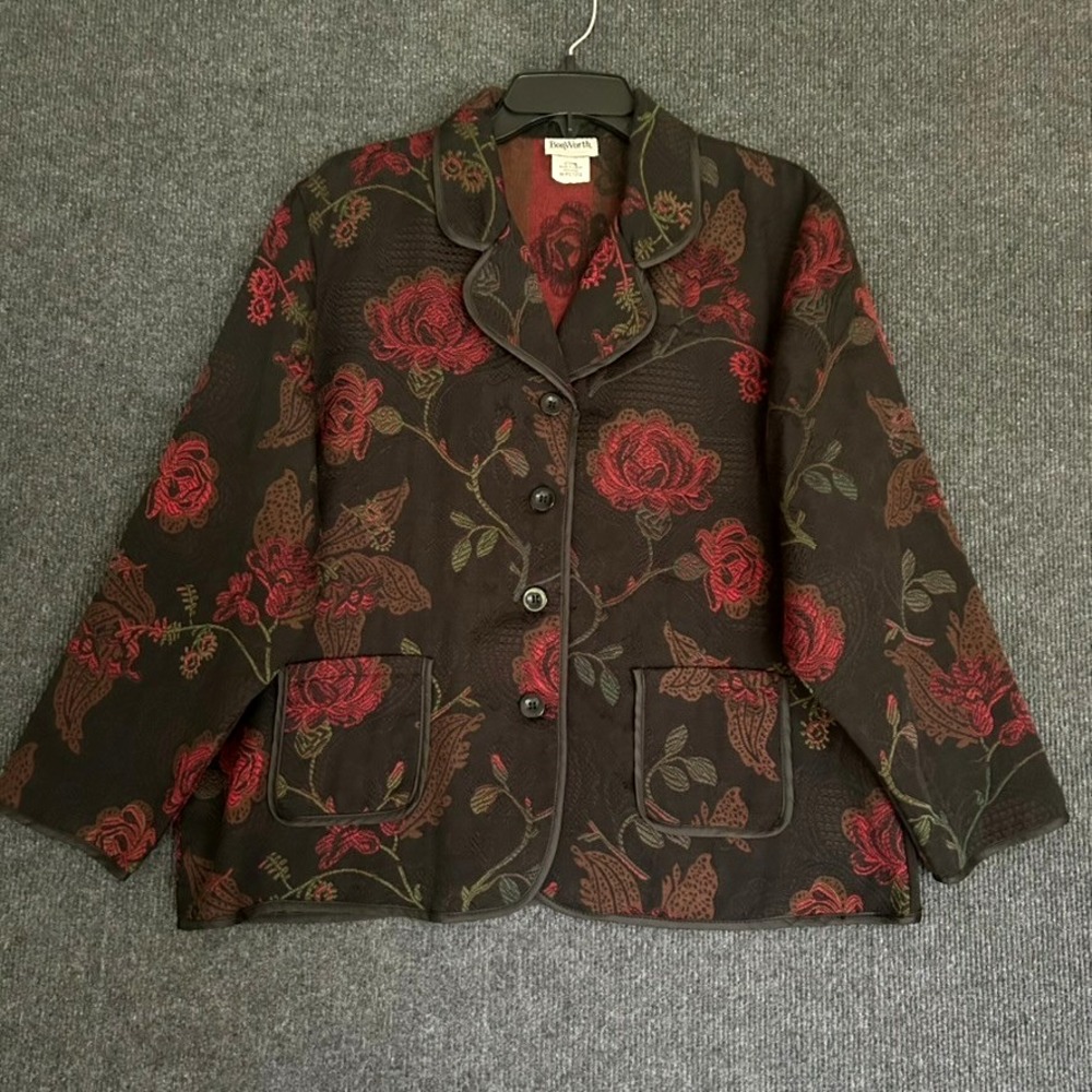 Vintage Bonworth Black Floral Tapestry Jacket Woven Red Rose Pattern M Petite - Picture 2 of 11